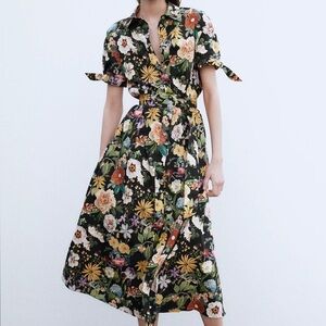 ZARA Floral Print Poplin Midi Dress